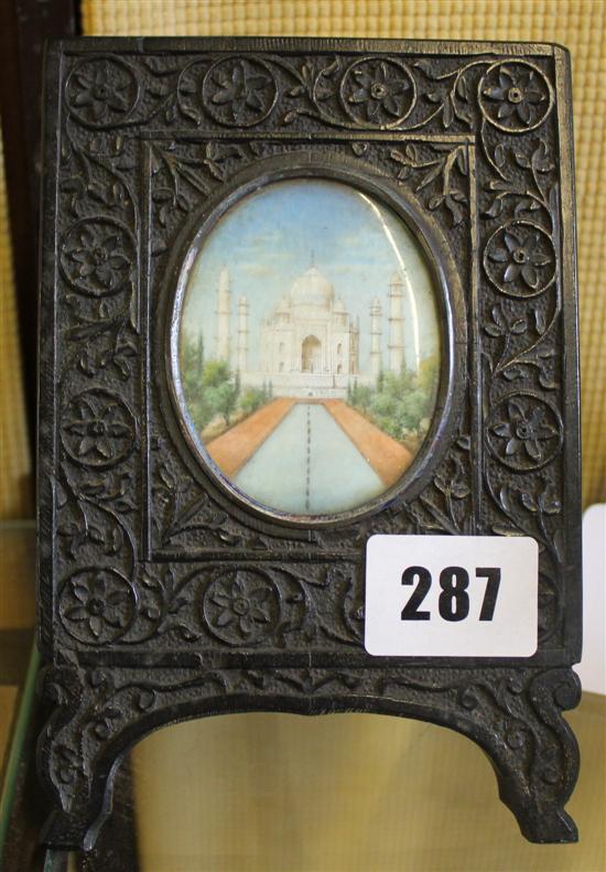 Indian miniature painting of the Taj Mahal, wood frame